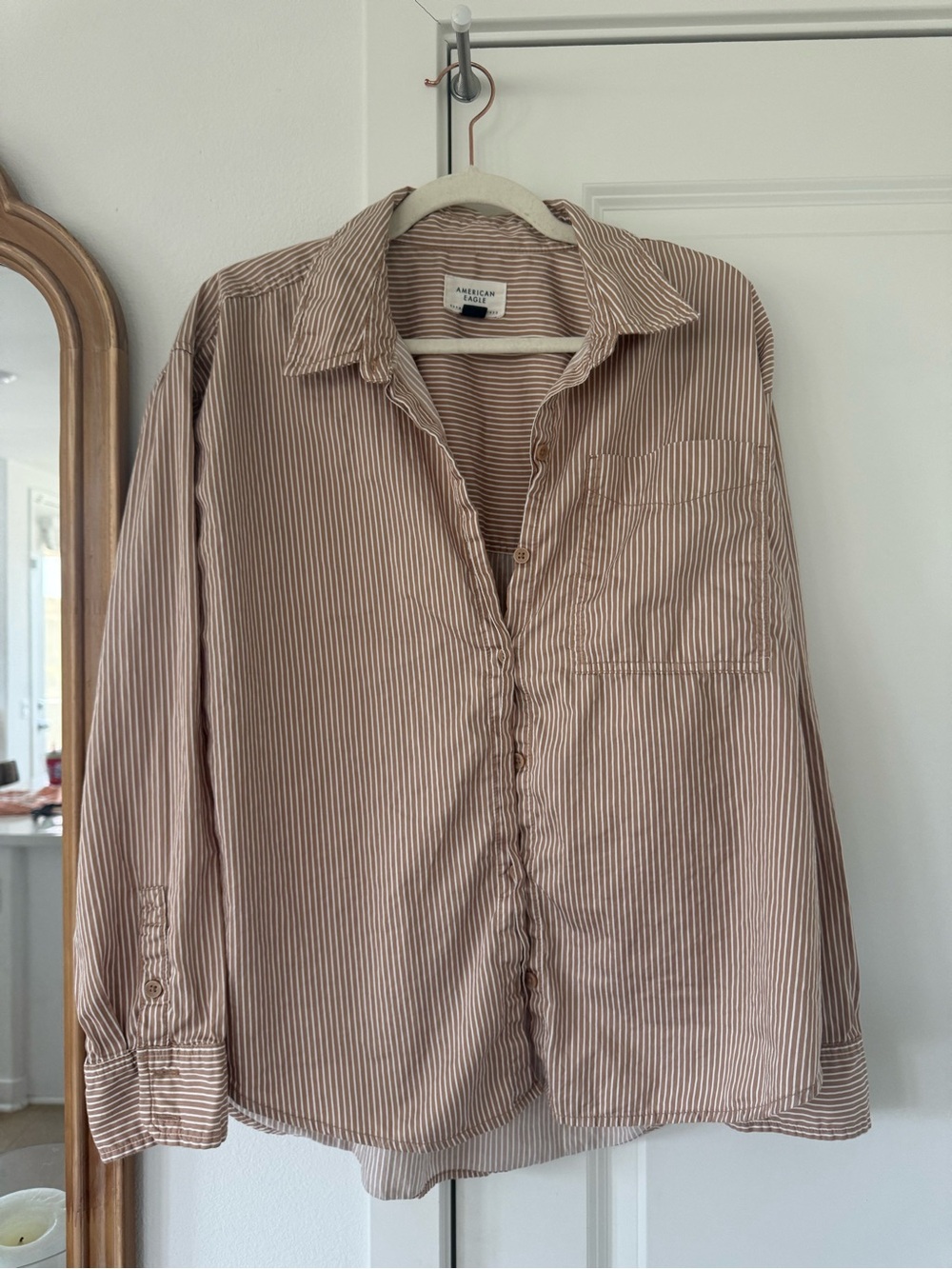 American Eagle Outfitters Beige and White Striped Button Down Shirt